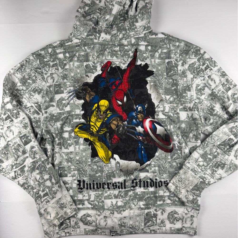 Universal Marvel All-Over Comic Print Zip Hoodie - Gray/Black with Red Logo - Picture 8 of 8